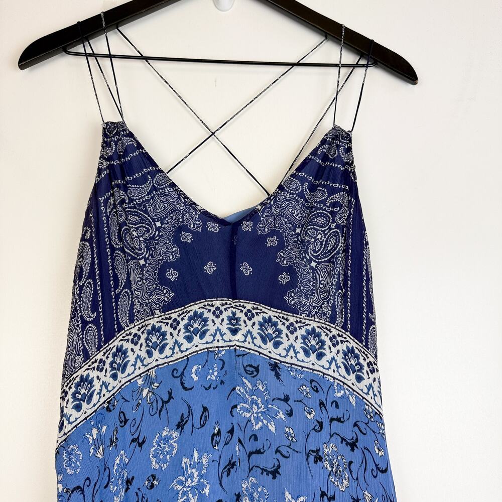 Lucky Brand Layla Scarf Print Midi Chiffon Dress Navy Blue - Size S - Picture 2 of 8
